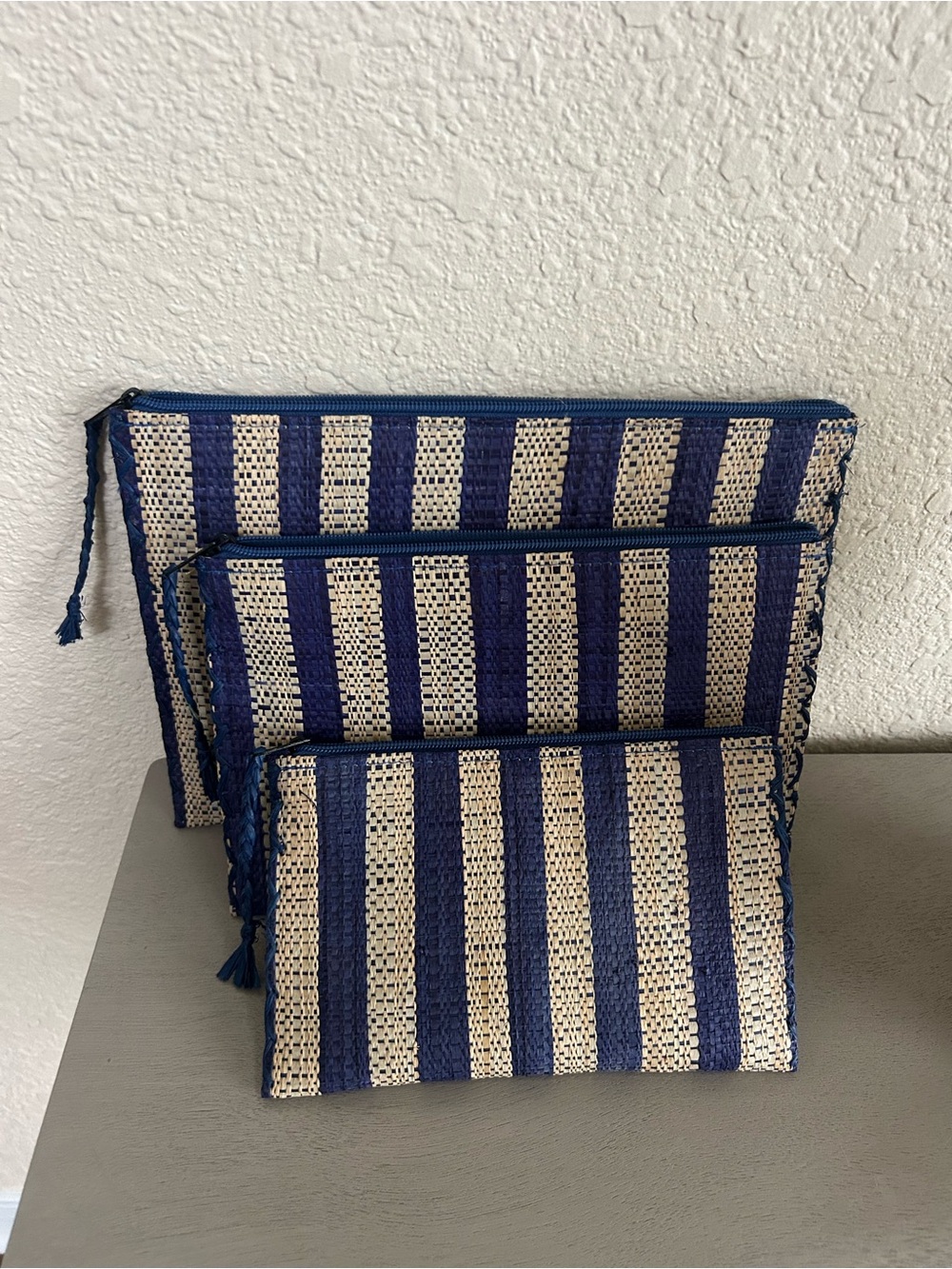 Shebobo Striped Navy and Natural Woven Cosmetic Pouch Set